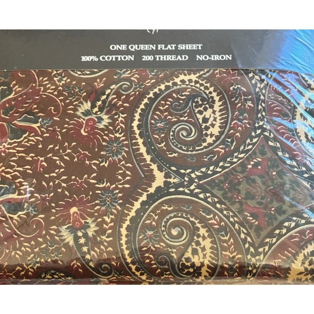 Vintage RALPH LAUREN QUEEN Flat Sheet Whitbury‎ Paisley Black Red Brown Combed